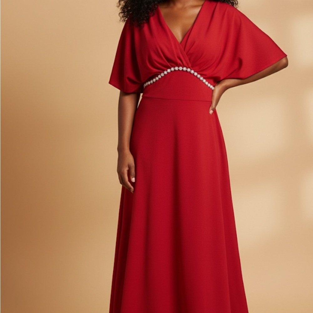 Red Maxi Dress with Pearl Detail